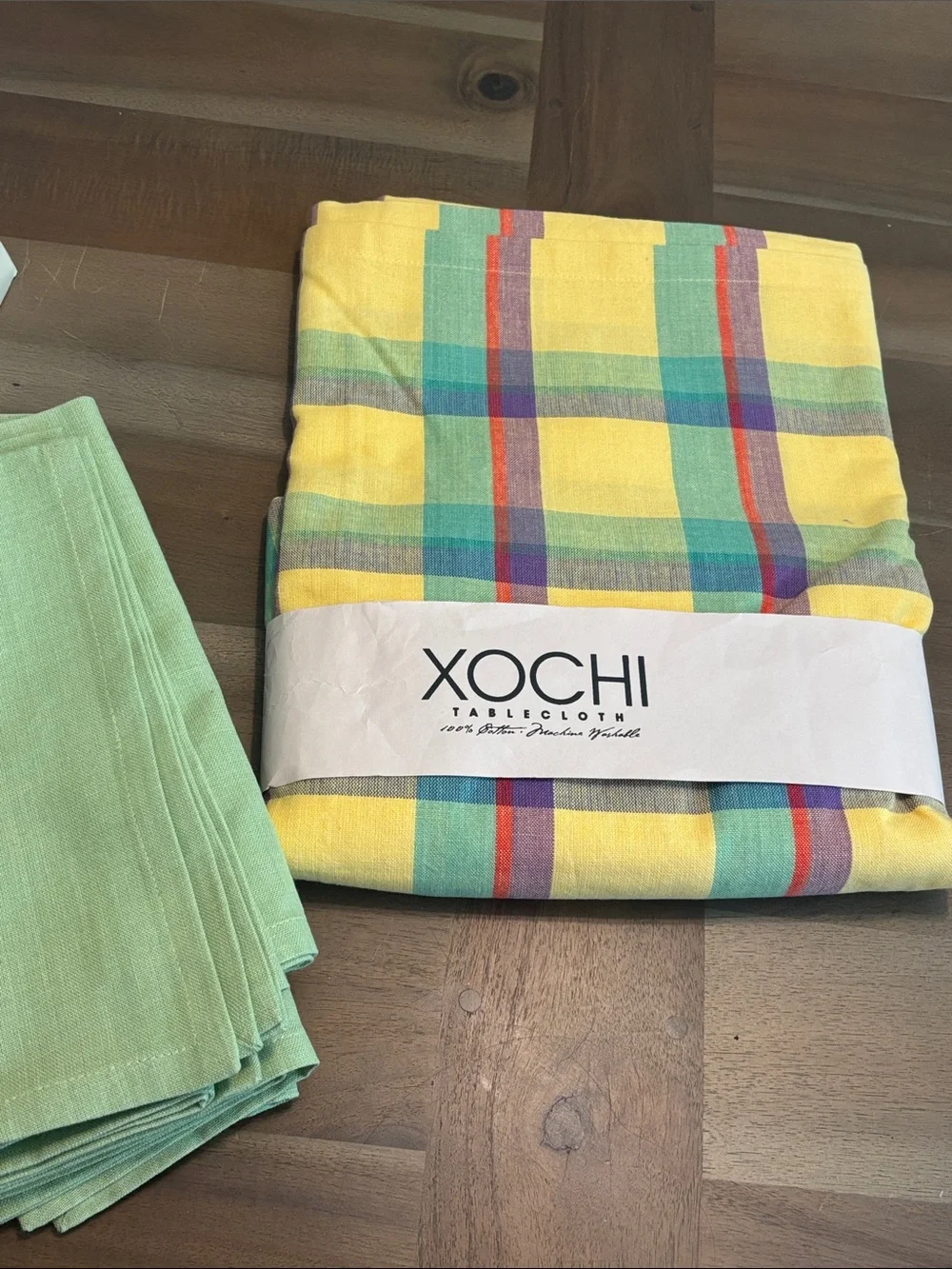 Yellow Plaid Tablecloth with Multicolor Stripes with 6 green cloth napkins